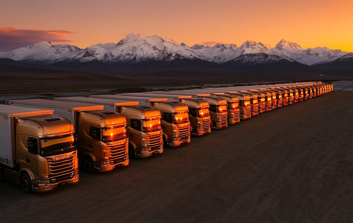 Camiones varados en Uspallata durante el atardecer