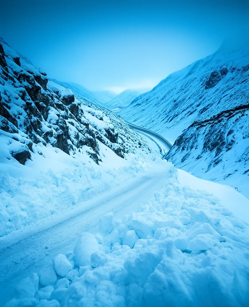 Ruta de montaña bloqueada por nieve